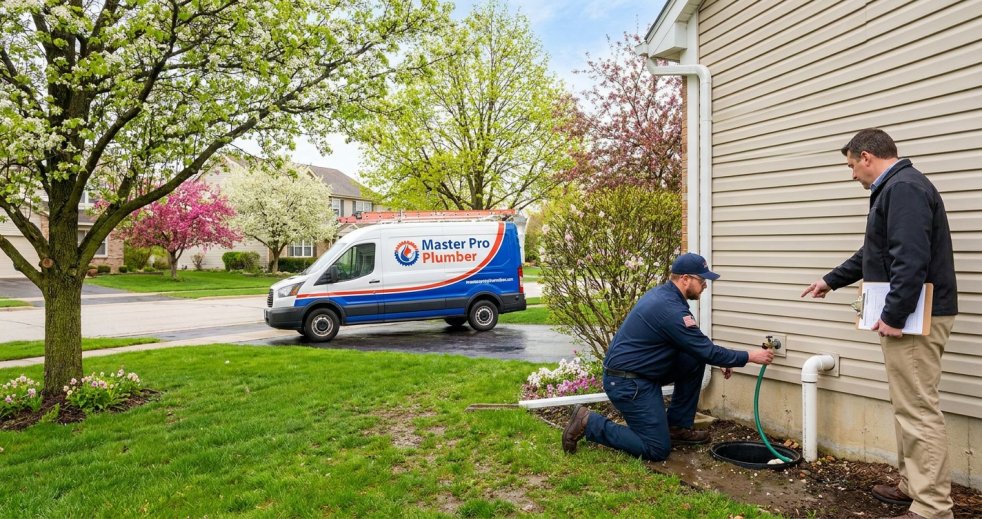 Plumber testing an outdoor hose bib at a Des Plaines home in spring with a service van nearby