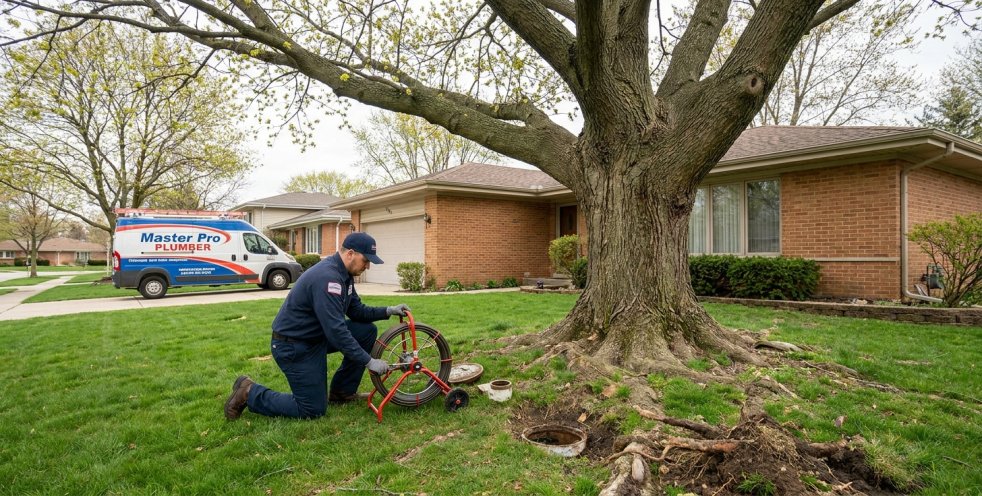 Plumber inspecting a sewer line near tree roots in a suburban yard