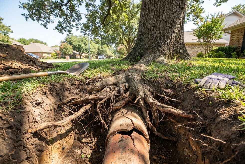 Tree roots damage a cracked sewer line in a suburban yard, with an excavated trench and garden tools nearby.