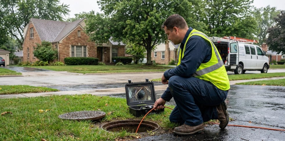 Plumber inspecting a sewer line camera at a manhole outside a suburban Des Plaines home