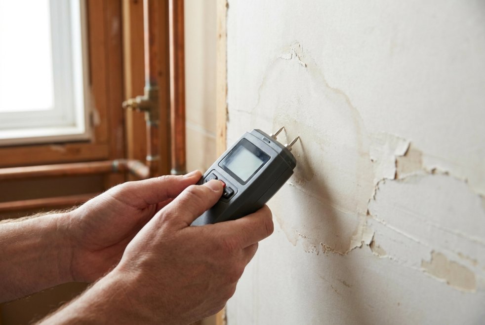 Hands using a moisture meter to check a water-damaged wall near indoor plumbing pipes