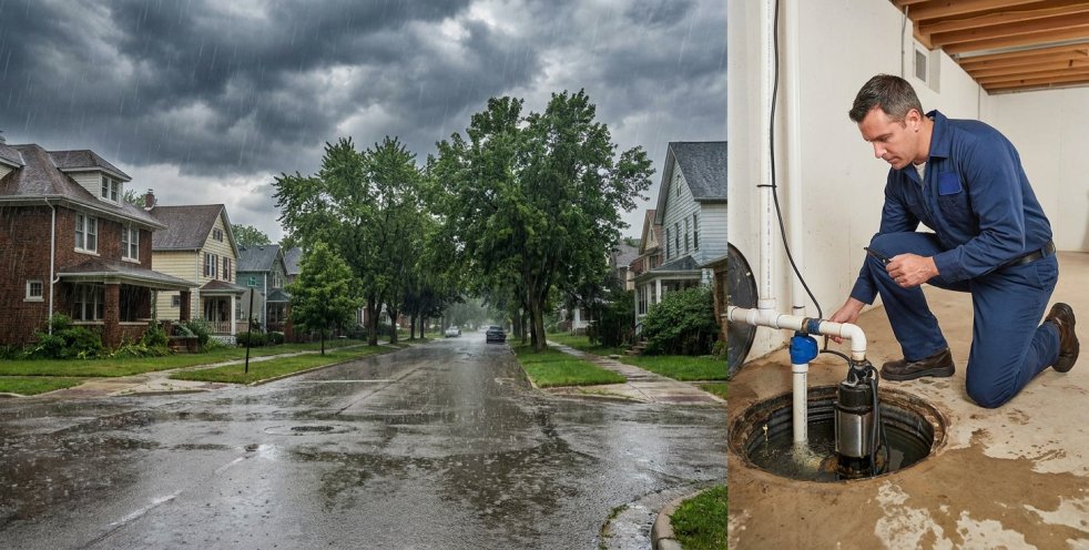 Rainy Des Plaines street with a plumber inspecting a sump pump in a flooded basement