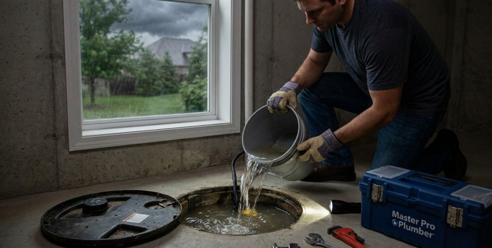 Plumber testing a basement sump pump with a bucket of water near a window before storm season