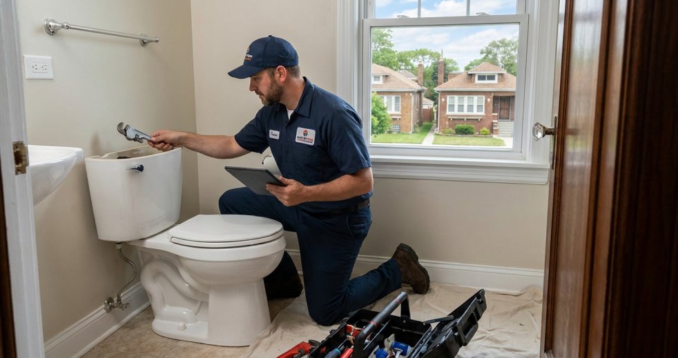 Plumber inspecting a toilet in a suburban bathroom with tools nearby and a neighborhood home visible outside the window