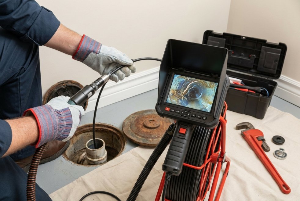Plumber using a sewer camera to inspect a drain line inside a basement utility area