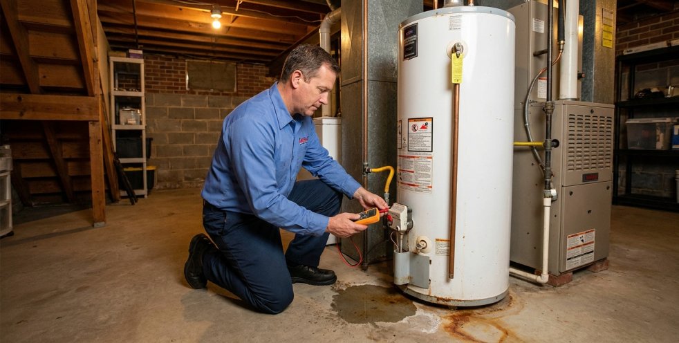 Plumber inspecting a leaking water heater in a Chicagoland basement utility room.