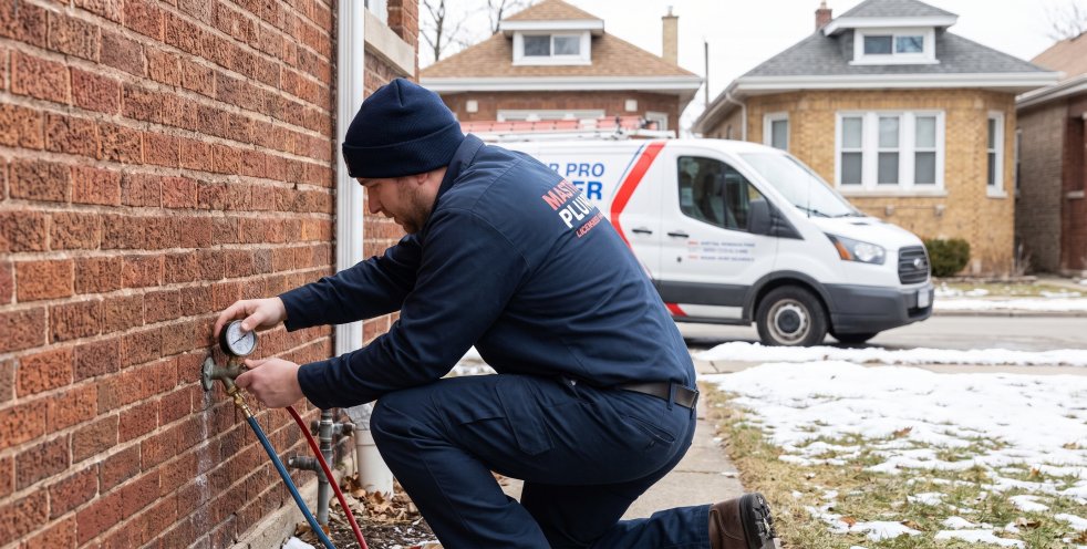 Plumber checking water pressure at a Chicagoland home during winter.